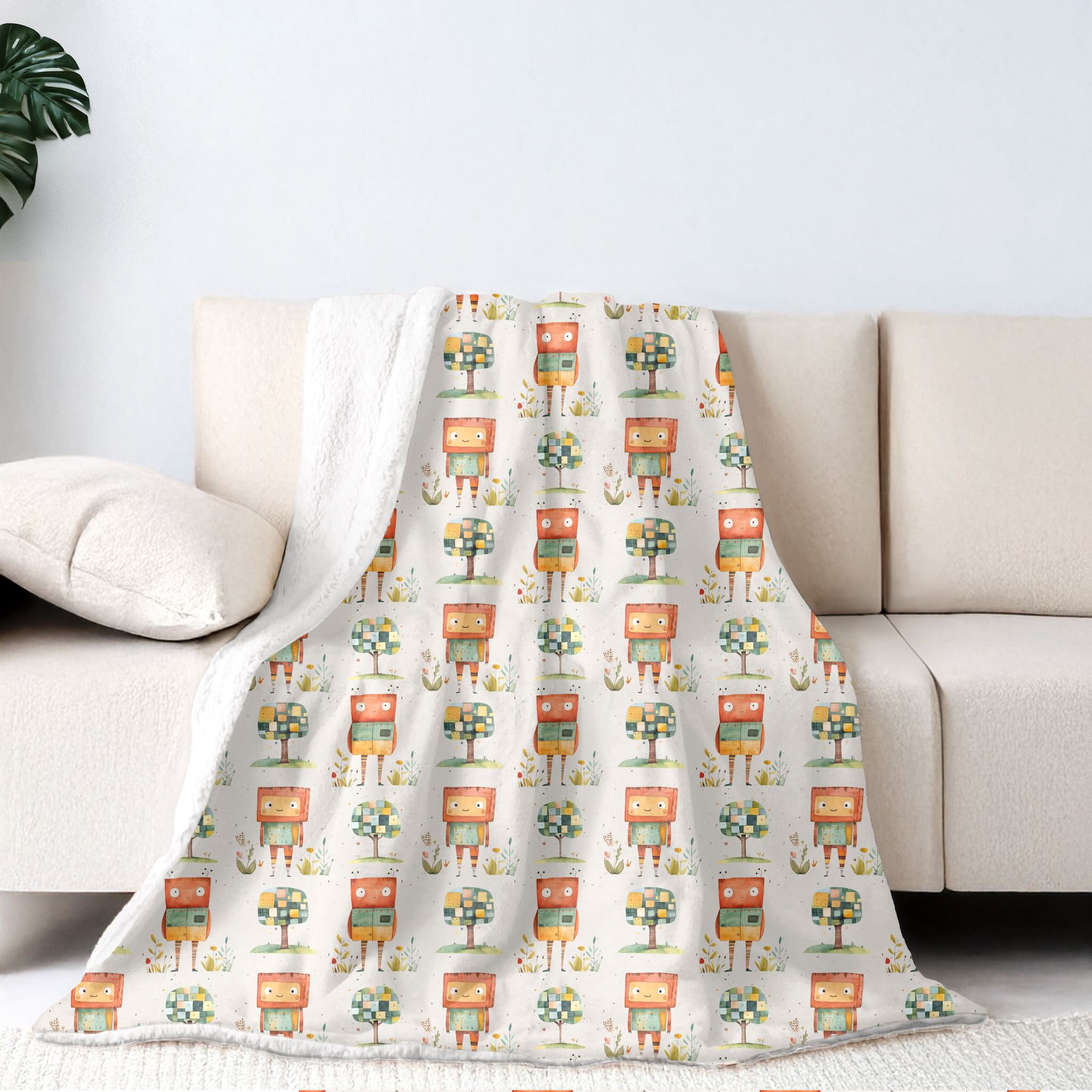 Sherpa-Fleece Decke im Roboter Design