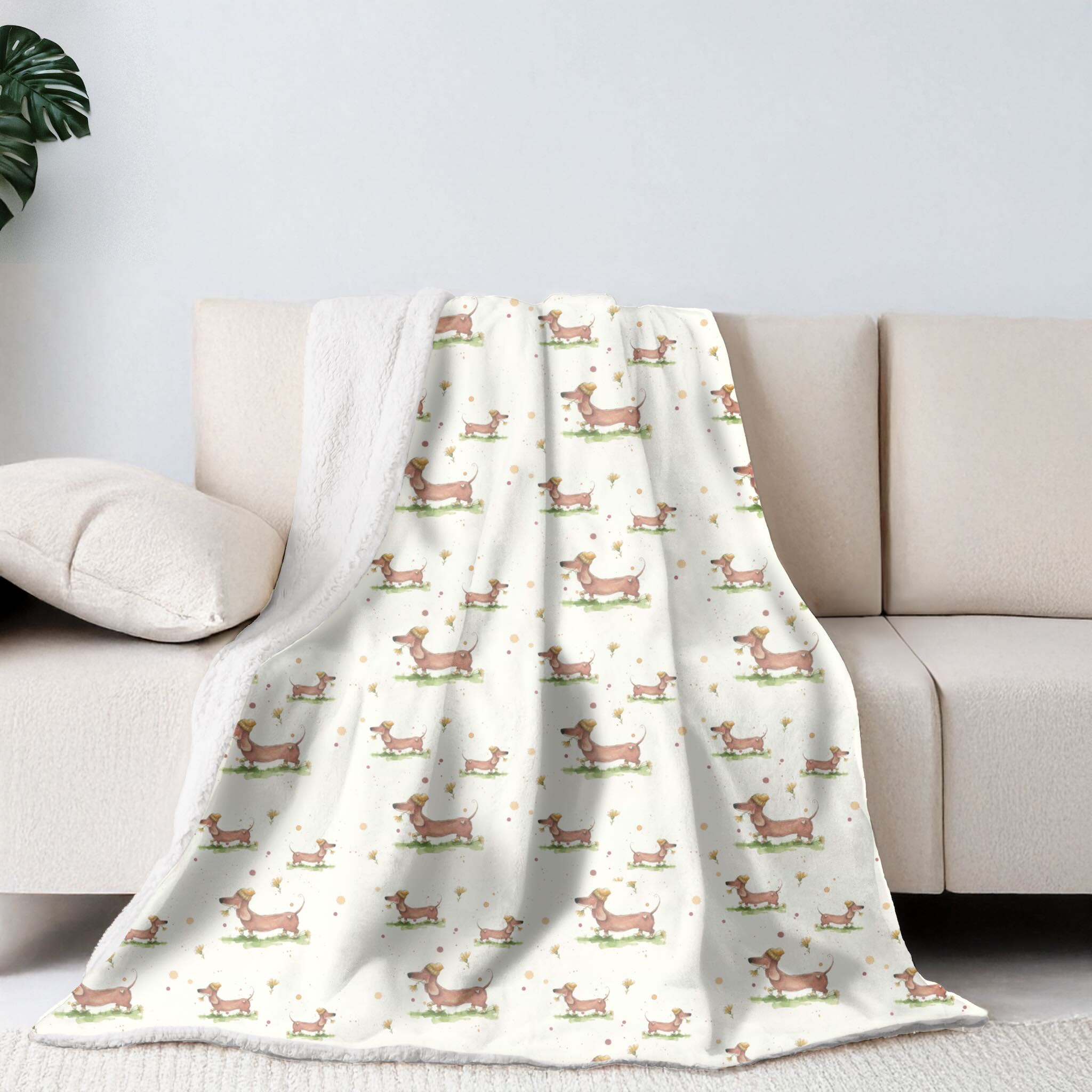 Sherpa-Fleece Decke im Wursthund Design