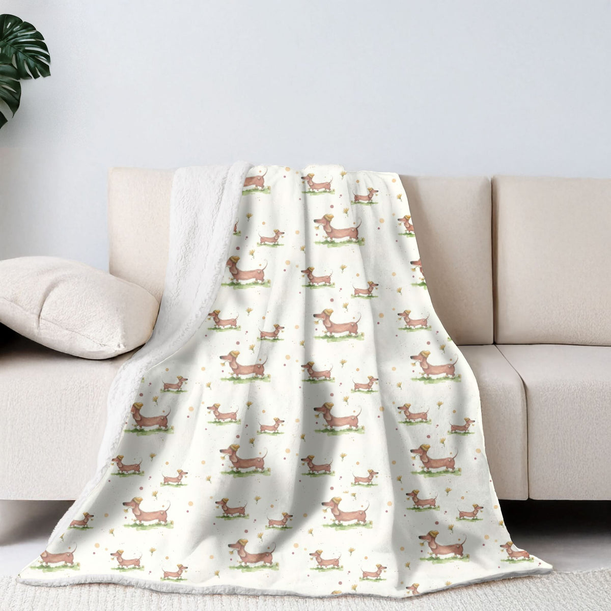 Sherpa-Fleece Decke im Wursthund Design