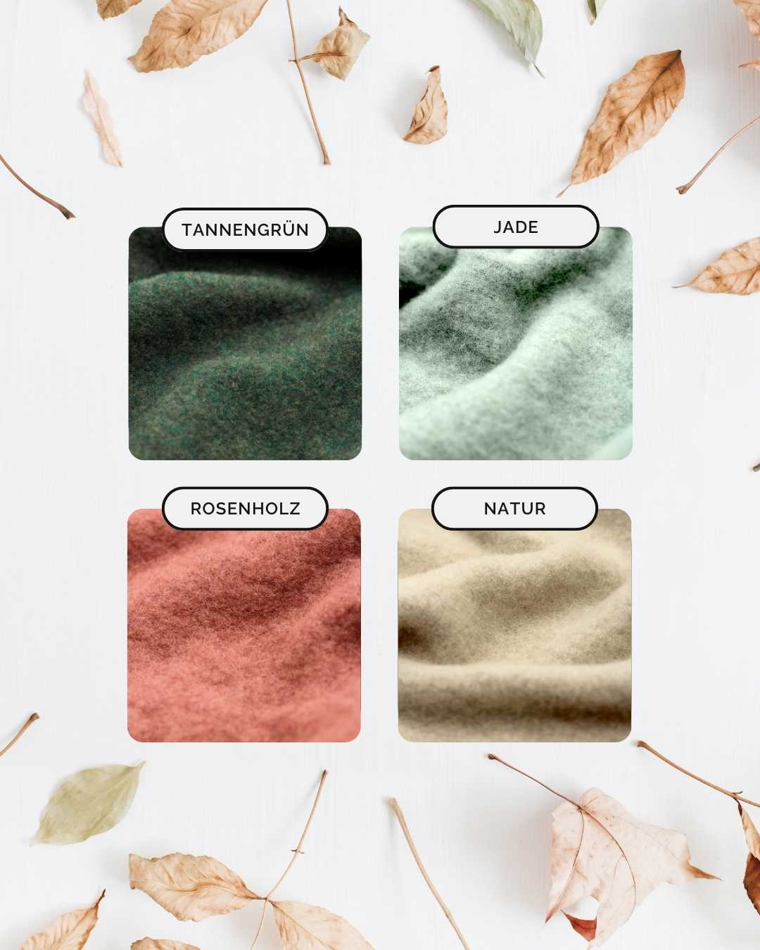 Farbkarte Wollfleece Jade Natur Rosenholz Tannengrün