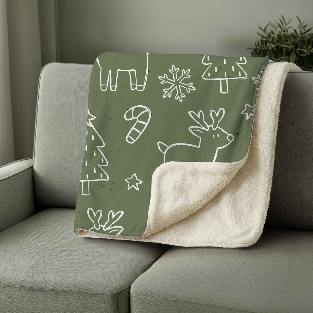 Sherpa Decke im Weihnachtskritzelei grün Design